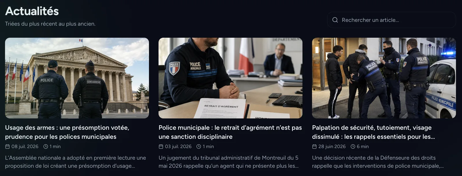 Fil Actu.PM présentant des articles datés sur l'usage des armes, le retrait d'agrément et la palpation de sécurité