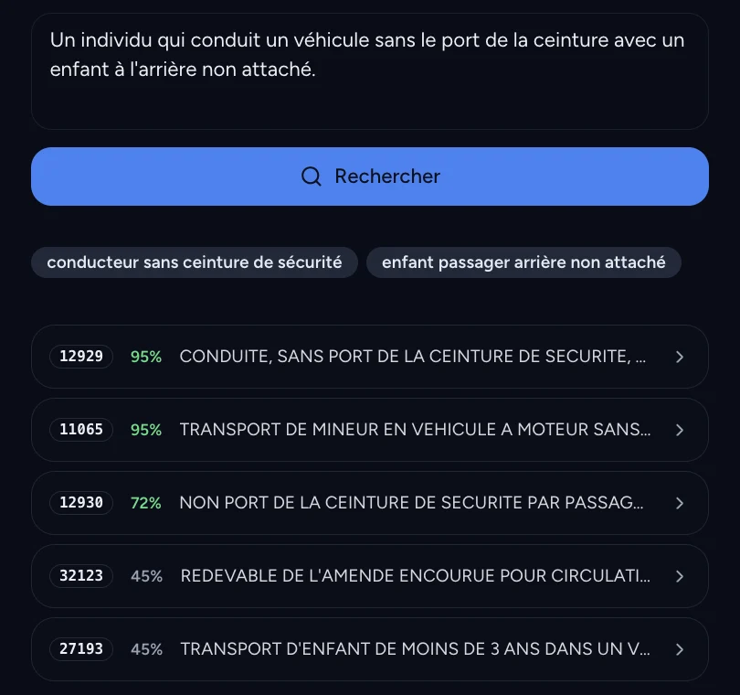 Recherche NATINF : une situation décrite en langage naturel renvoie des codes d'infraction assortis d'un pourcentage de correspondance