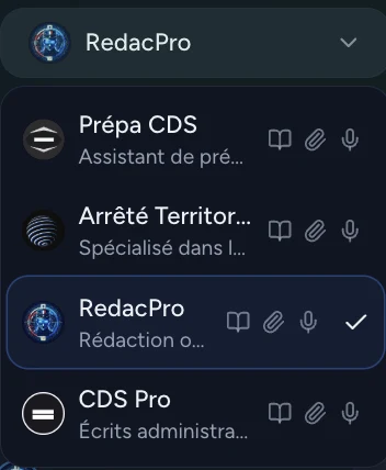 Sélecteur ProPM listant les assistants Prépa CDS, Arrêté Territorial, RedacPro et CDS Pro, RedacPro étant coché